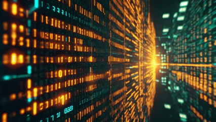 Digital blue interface with pixelated data stream, binary code, and encryption concept with glowing dots