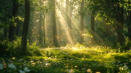 Wander through a sun-dappled forest glade, where shafts of golden light filter through the leafy canopy to dance upon the mossy forest floor