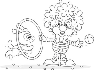 Funny curly-headed clown with a toy hoop playing with his cheerful small puppy in a fun circus performance, black and white vector cartoon illustration for a coloring book