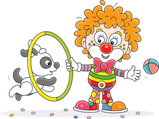 Funny red clown with a toy hoop playing with his cheerful small puppy in a fun circus performance, vector cartoon illustration on a white background