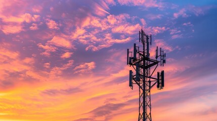 photo of a state-of-the-art cell tower in the evening background