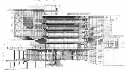 Obraz premium Architectural rendering of a contemporary apartment building with balconies and trees in a monochromatic scheme.
