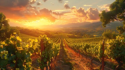 Wander through a sun-dappled vineyard, where orderly rows of grapevines stretch to the horizon...