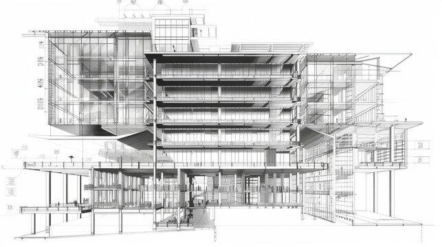 Architectural rendering of a contemporary apartment building with balconies and trees in a monochromatic scheme.