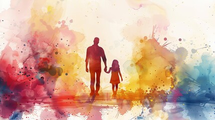 Silhouette of Father and child in Vibrant Watercolor