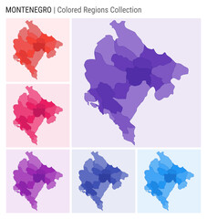 Montenegro map collection. Country shape with colored regions. Deep Purple, Red, Pink, Purple, Indigo, Blue color palettes. Border of Montenegro with provinces for your infographic.