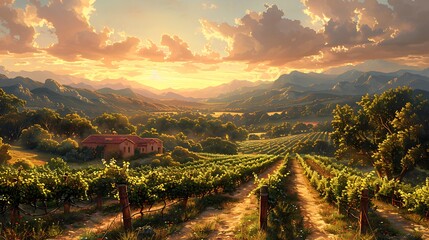Wander through a sun-dappled vineyard, where orderly rows of grapevines stretch to the horizon beneath a cloudless sky. 