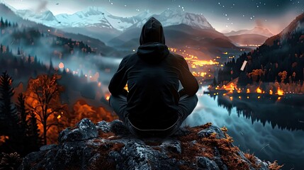A man in a dark gray hoodie sits on a rock and looks at the mountain ahead and the burning lights of the city far below, pretentious, inspiring, beautiful - obrazy, fototapety, plakaty
