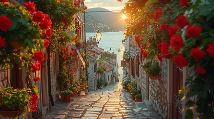 Wander through the narrow streets of a medieval town, where ancient stone buildings lean precariously over cobblestone lanes and the air is filled with the scent of woodsmoke and roasting meat.  - obrazy, fototapety, plakaty