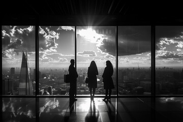 Fototapeta premium Black and white wide angle photo of business people silhouettes window view, cityscape, architecture, urban view, and dramatic lighting. Corporate concept, creative copy space