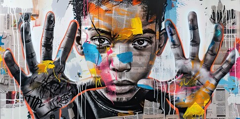 A young man with hands and eyes wide open, symbolic graffiti for seeing the truth, awareness and awakening, collage of multicolored grunge newspapers, urban graphic artwork, street art, mixed media