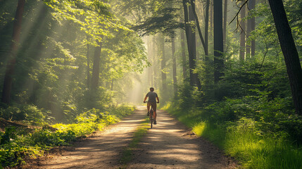 Serene Cyclist on Forest Trail Bathed in Sunrays, Peaceful Morning Ride