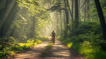 Foto op Plexiglas Serene Cyclist on Forest Trail Bathed in Sunrays, Peaceful Morning Ride © Tatiana Fl
