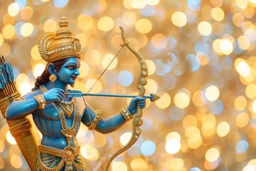 ram navami with bow and arrows in blue and gold with golden bokeh background, very festive