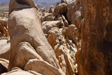 A man climbs through the formation of rocks on Arch Rock Trail in Joshua Tree National Park,...