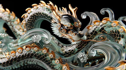 Fototapeta na wymiar An intricately designed jade dragon with golden accents elegantly coiled, set against a black backdrop