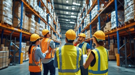 A team of warehouse workers in safety vests engage in a group discussion in a large modern logistics center. AIG41 - obrazy, fototapety, plakaty