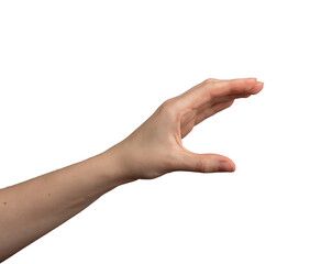 Hand holding something big, large with fingers, showing huge, isolated on white background,...