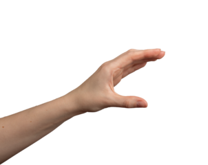 Hand holding something big, large with fingers, showing huge, isolated on white background, transparent png