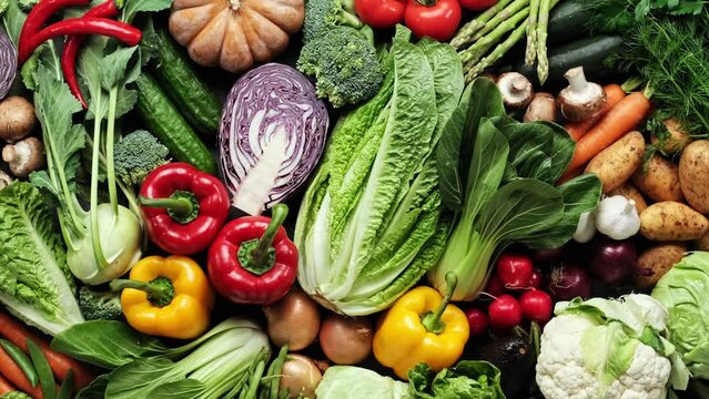 Vegetables set. Vegetables background. Healthy food. Variety of fresh vegetables, food background, top view, stock footage video 4k