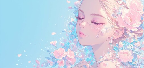 photo of spring goddess with pink and blue flowers, with a paper cut style background and copy space 