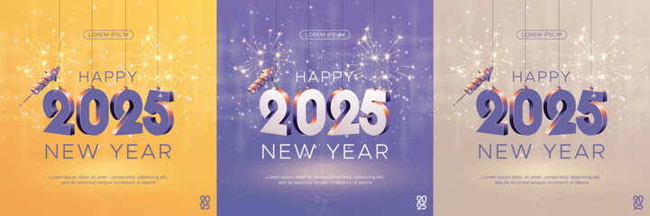 Happy new year 2025 square template with 3D hanging number. Greeting concept for 2025 new year celebration