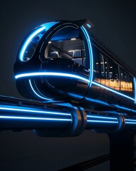 Futuristic monorail design with blue LED lights, sleek and streamlined exterior Highspeed transportation concept with hightech features like smart seats, energyefficient technology, and advanced safet