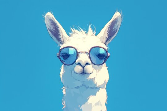 photo of white llama with blue sunglasses, blue background, funny, cute