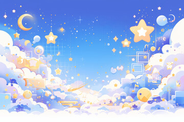 pink and blue pastel background with clouds, stars, dreamy illustration