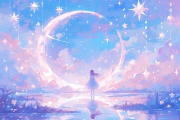 pink and blue pastel background with clouds, stars, dreamy illustration