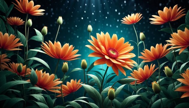 A serene, digitally-created image of vibrant orange daisies against a mystical, starry night backdrop, emanating a tranquil, fantasy-like atmosphere.. AI Generation