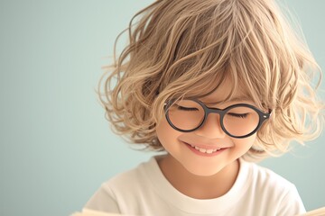 Portrait of a happy little boy with glasses sitting at a table and reading books in the style of a laughing child study concept 