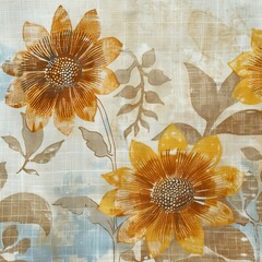 muslin style texture with sunflowers - obrazy, fototapety, plakaty