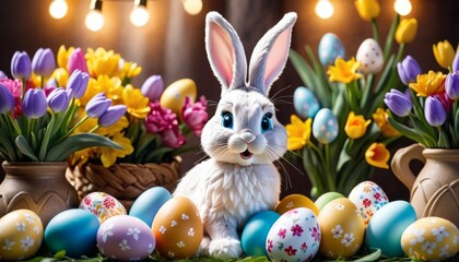 A whimsical, animated Easter bunny sits amidst a vibrant collection of decorated eggs and fresh spring flowers, capturing the joyous essence of Easter celebrations.. AI Generation