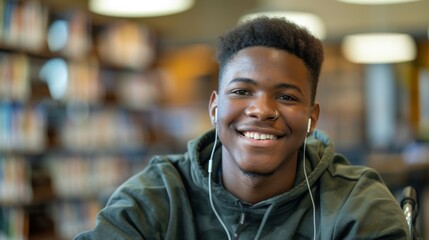 A Teenager Smiling in Library