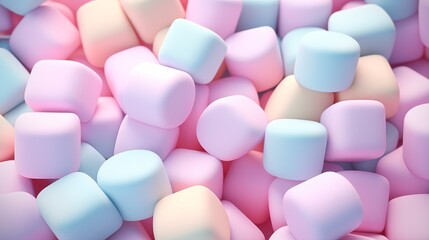 Background with puffy multicolor marshmallows, 3d top view.