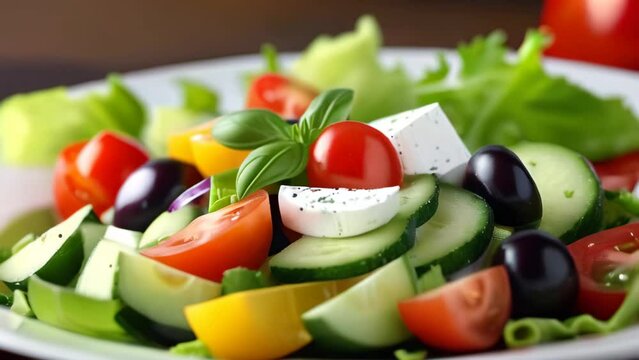Fresh vegetable salad, mediterranean cuisine ingredients, greek salad, white plate. Healthy food