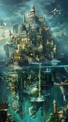 A mesmerizing view of the underwater city of Atlantis,showcasing its magnificent architecture and the vibrant marine life surrounding it.Dive into the depths of fantasy and explore the secrets