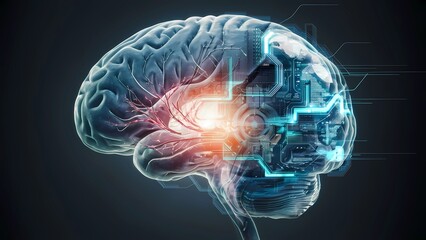 Human brain showing Intelligent thinking processing through the concept of a neural network printed circuit of big data and artificial intelligence