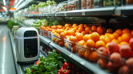 Futuristic robot consultant  helps in customer service in modern grocery store. Robot is preparing to serve customer. Cozy atmosphere with goods neatly laid out on shelves, blurred background. - obrazy, fototapety, plakaty