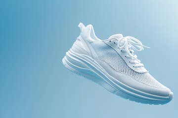 White shoes on a blue gradient background, concept, product image, levitation concept, men's fashion, sport shoe, air, sneakers, lifestyle, Generative AI.