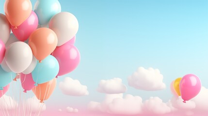Background or banner with multicolor balloons in the sky and place for text. 3d poster for greeting or advertising.