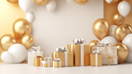Birthday background with gold and white realistic balloons. 3d banner for greeting.
