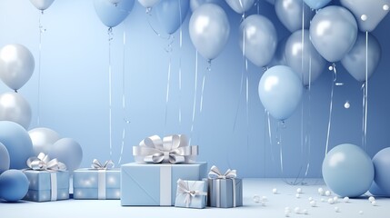 Blue Birthday banner with realistic 3d balloons and gift boxes. Background or poster for holiday greeting.