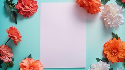 A blank white sheet framed by colorful flowers on a pastel blue background