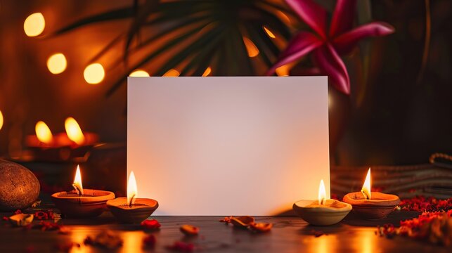 A blank card surrounded by a warm, festive ambiance with candles and flowers