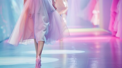 fashion runway, woman walking down runway in colorful dress, performance ballet dancer shoe performing arts event clothing