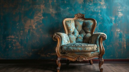 Parlor chair, vintage chair against blue wall, decor home interior sitting leather