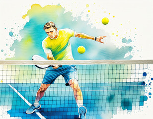 Padel player mid-swing with a racket, vibrant watercolor splashes in the background - obrazy, fototapety, plakaty