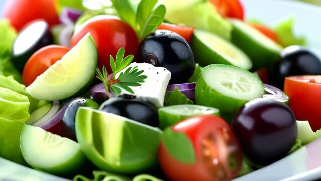 Fresh vegetable salad, mediterranean cuisine ingredients, greek salad, white plate. Healthy food